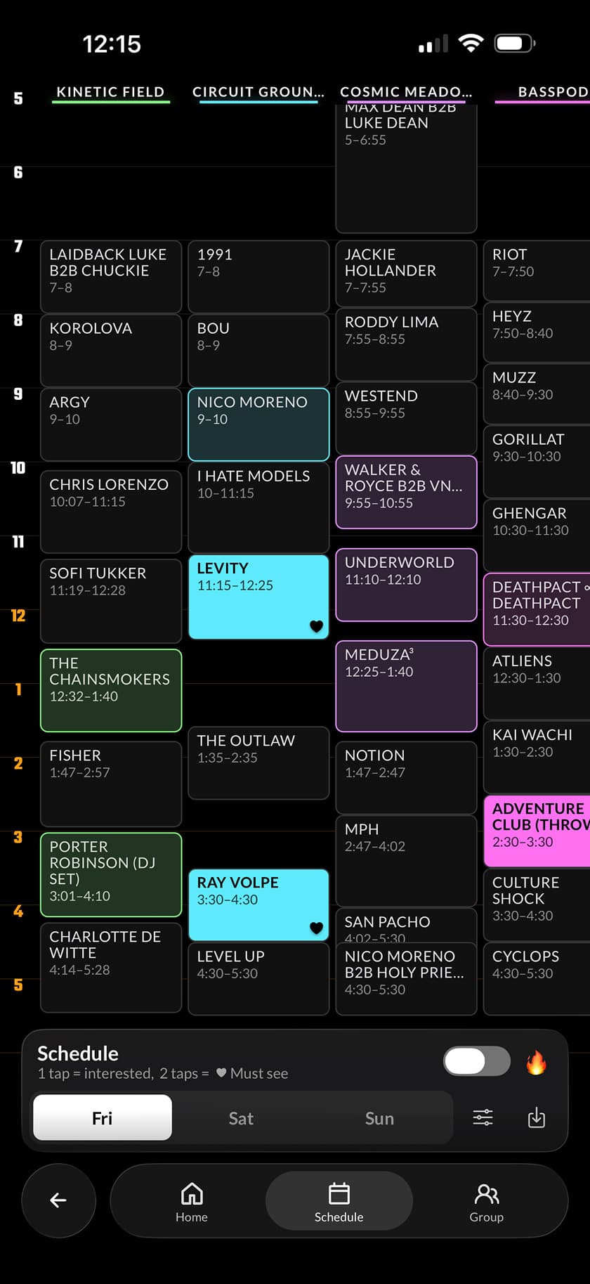 FestiPlannr set-time schedule: a personal timeline with saved sets highlighted in stage colors
